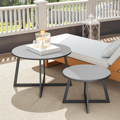 Set of 2 Outdoor Coffee Tables with Tempered Glass Top, Ø70x45 cm and Ø50x35 cm, Gray