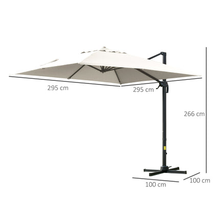 3x3m Cantilever Umbrella Tiltable with Crank and Cross Base, in Steel and Polyester, Cream White