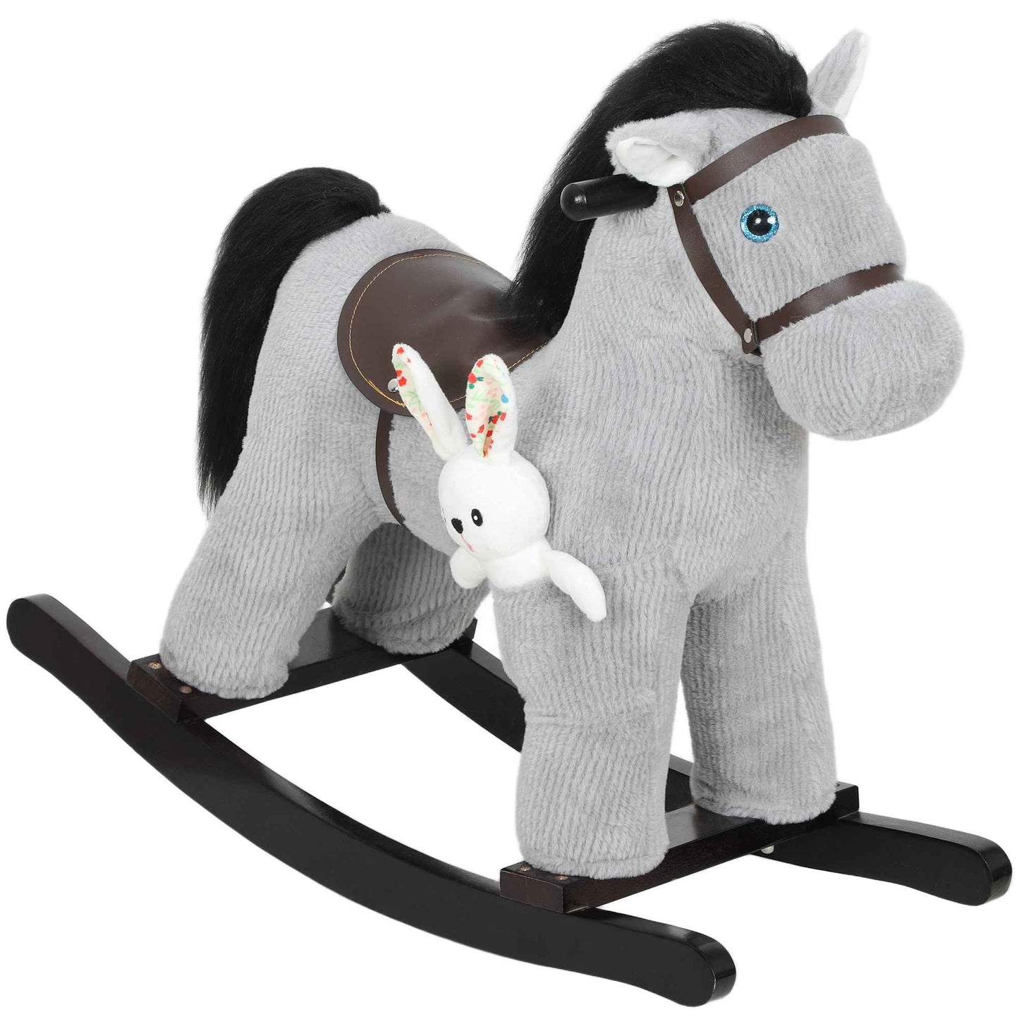 Rocking Horse with Sounds for Children 2-5 Years and Plush Animal Included, Wood and Steel, Grey