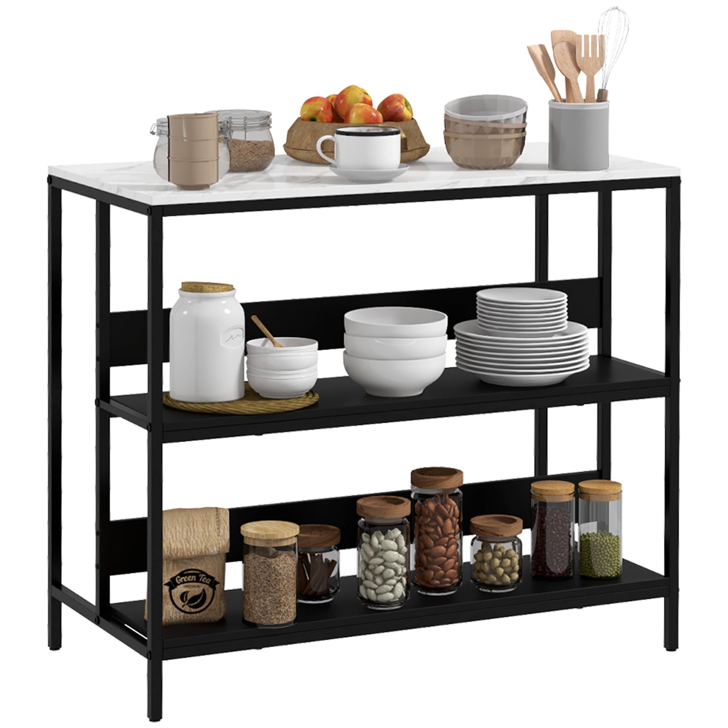 Kitchen Island with Shelves, Marble Effect Top and Metal Frame, 100x50x90cm, Black and White
