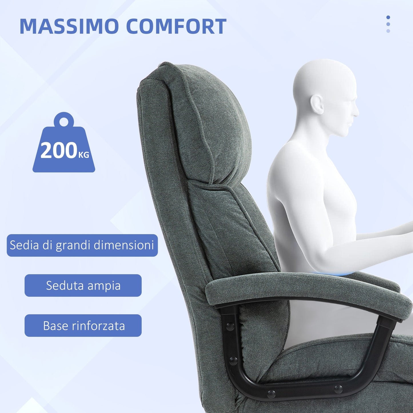 Reinforced Office Chair 200kg Capacity, Swivel and Tiltable in Velvet Fabric, Grey