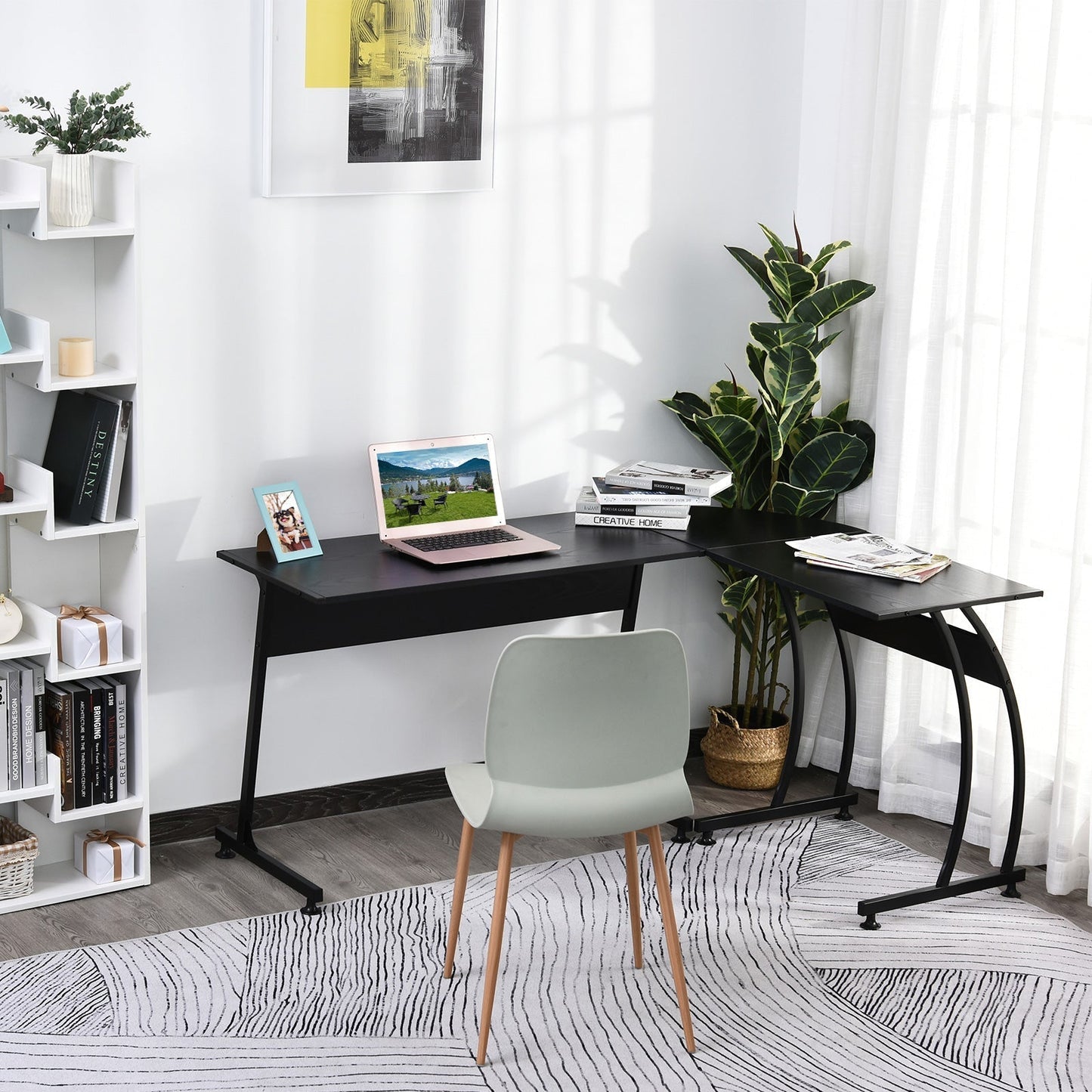 Desk Wooden and Metal Corner, Black, 112.5 x 152 x 74cm