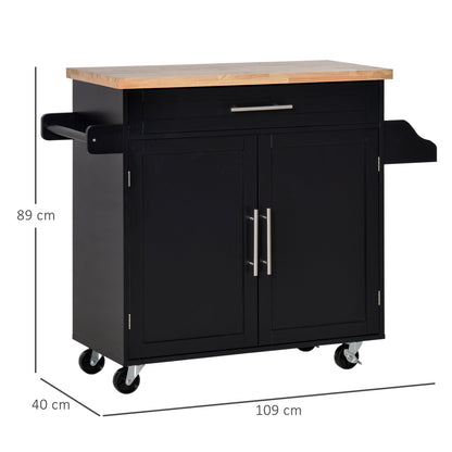 Kitchen Trolley with drawer, door holders and locker, 4 wheels and wooden work surface, 109x40x89cm - Black