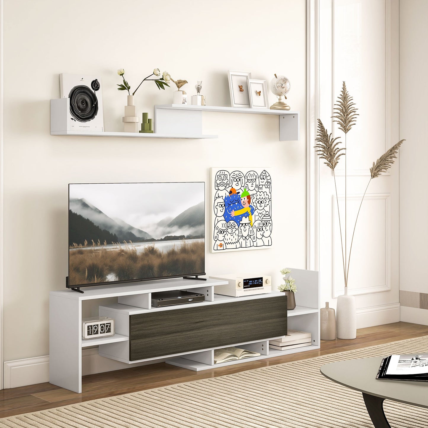 TV Cabinet with Wall Shelf, Open Shelves and Wooden Cabinet, Black and White
