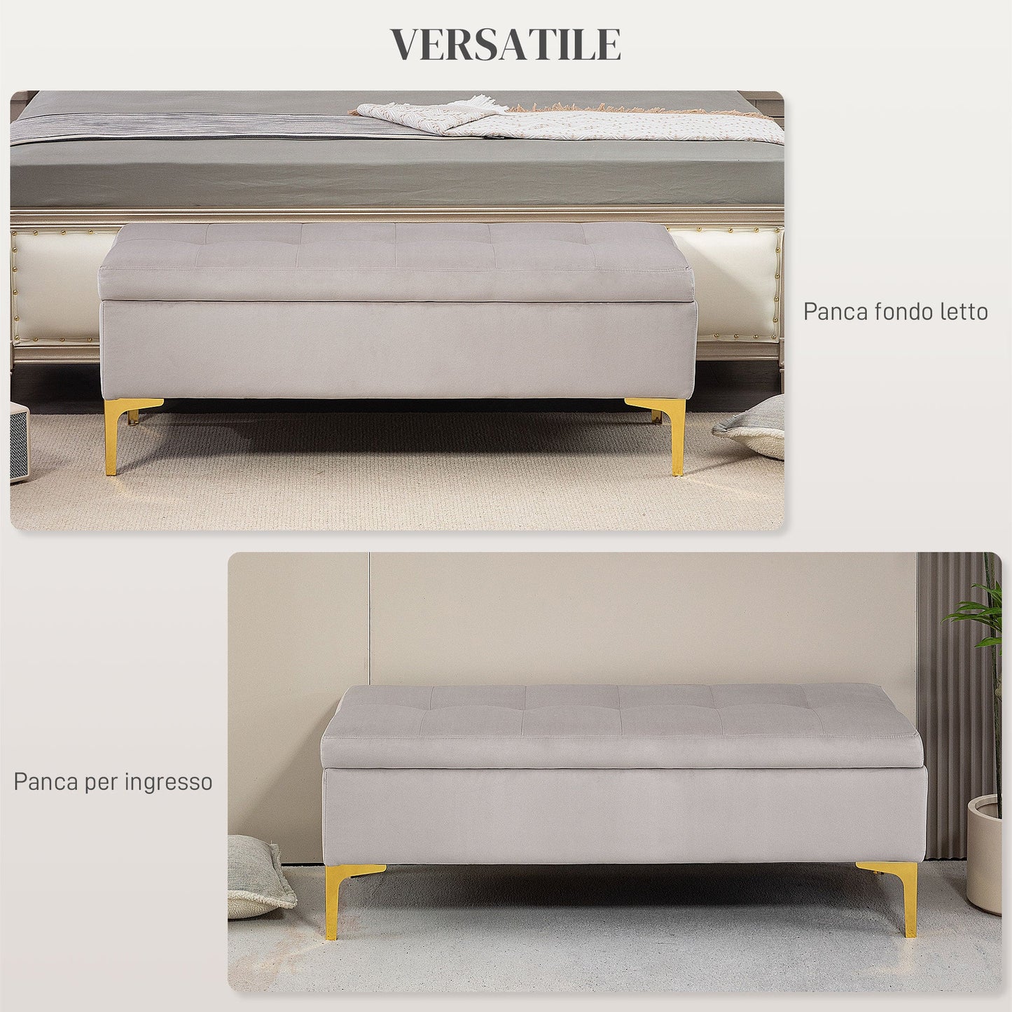 Bedside Storage Bench with Velvet Fabric and Golden Legs, 120x44x44.5cm, Light Grey