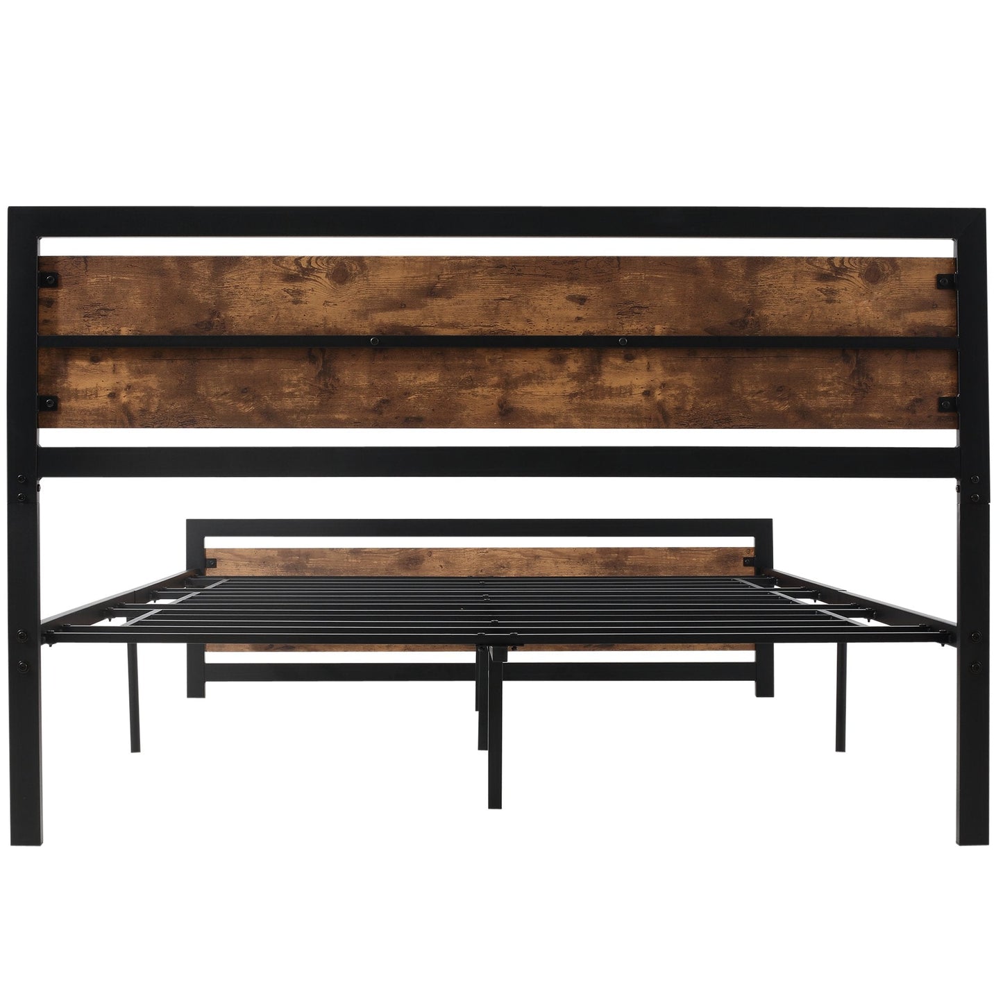 Industrial Style Wooden and Steel Double Bed Frame with Slats, 160x200cm