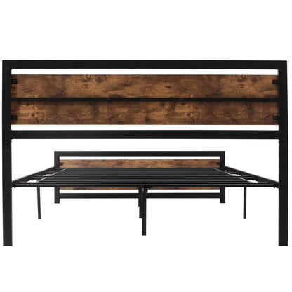 Industrial Style Wooden and Steel Double Bed Frame with Slats, 160x200cm