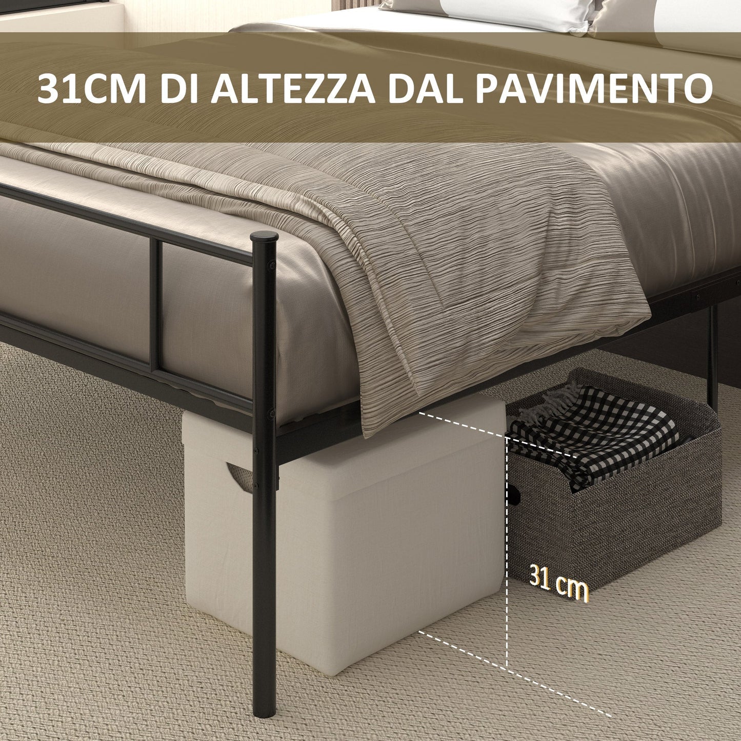 Queen Size Steel Bed Frame with Integrated Slats, Headboard and Footboard, 140x200cm