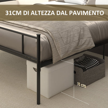 Queen Size Steel Bed Frame with Integrated Slats, Headboard and Footboard, 140x200cm