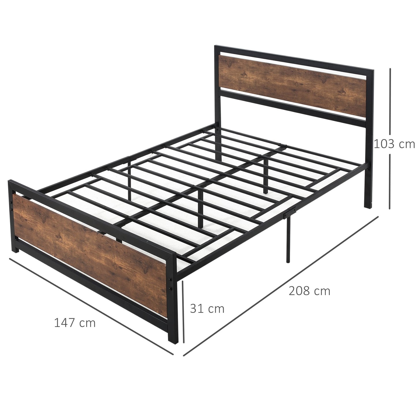 Queen Size Wooden and Steel Bed Frame with Industrial Style Slats, 140x200cm