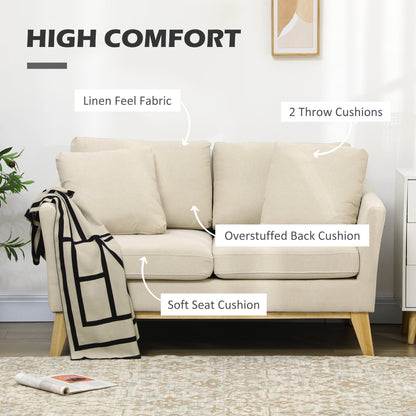 2-Seater Sofa in Eucalyptus Wood and Linen-Effect Fabric with 2 Cushions, 137x78x78 cm, Beige