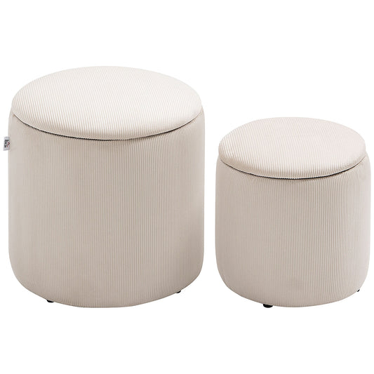 Set of 2 Round Corduroy Storage Ottomans, White