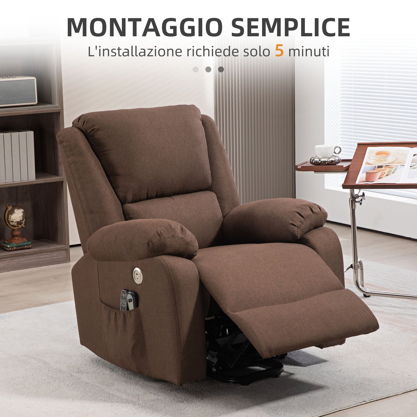Reclining Lift Chair with Footrest, in Linen Effect Fabric, 87x92x105 cm, Coffee