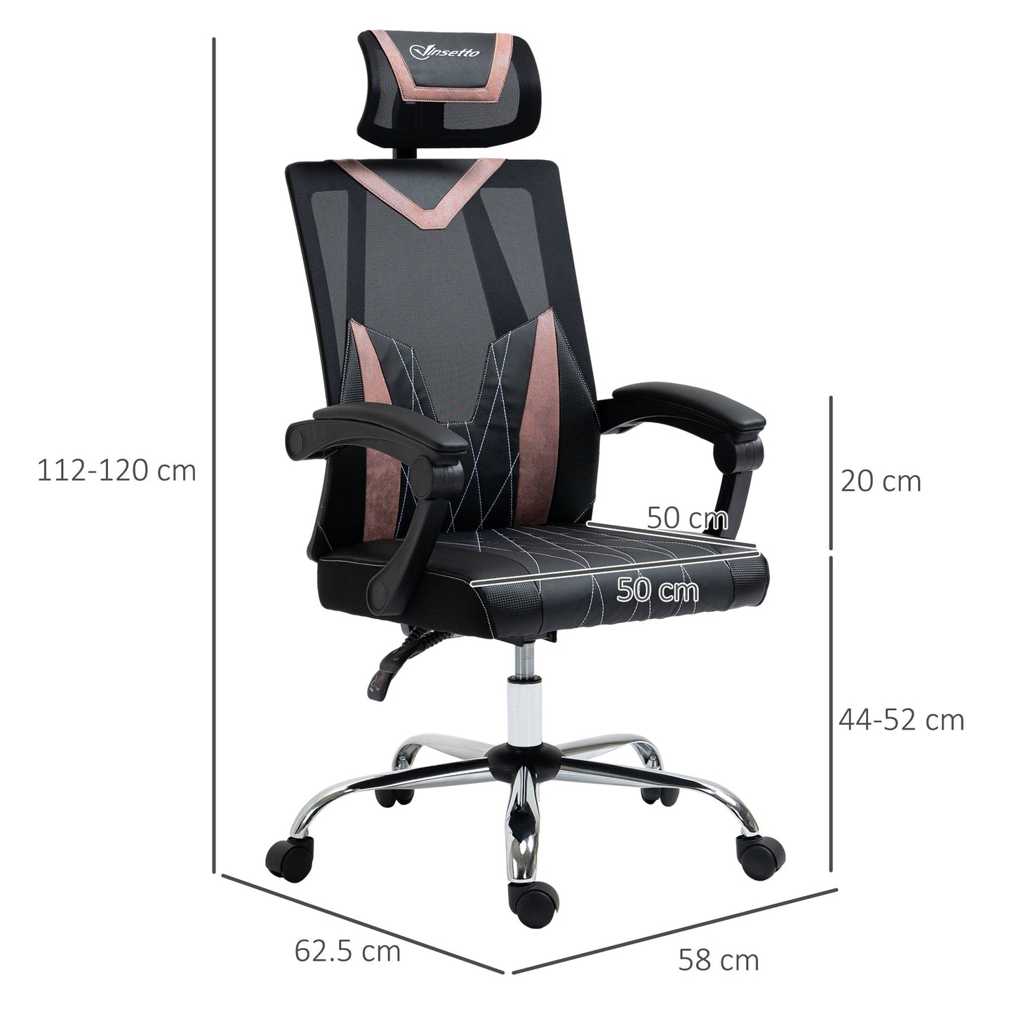 Ergonomic office chair with lumbar and cervical support, adjustable height and inclination, 58x62.5x112-120cm - black