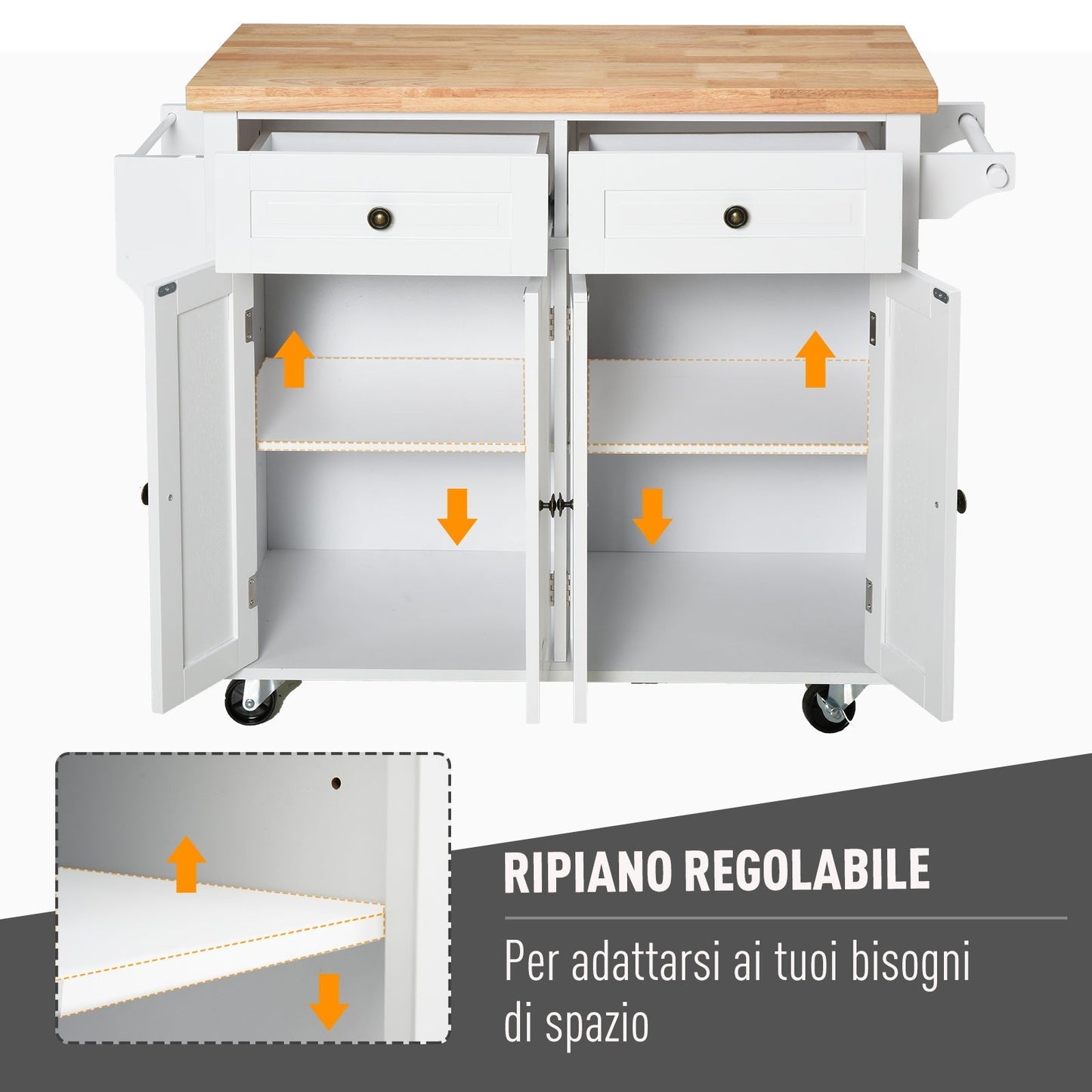 Kitchen Trolley with 2 Drawers and 2 Cabinets, Kitchen Island with Wooden Top, Spice Rack and Tea Towel Holder, White