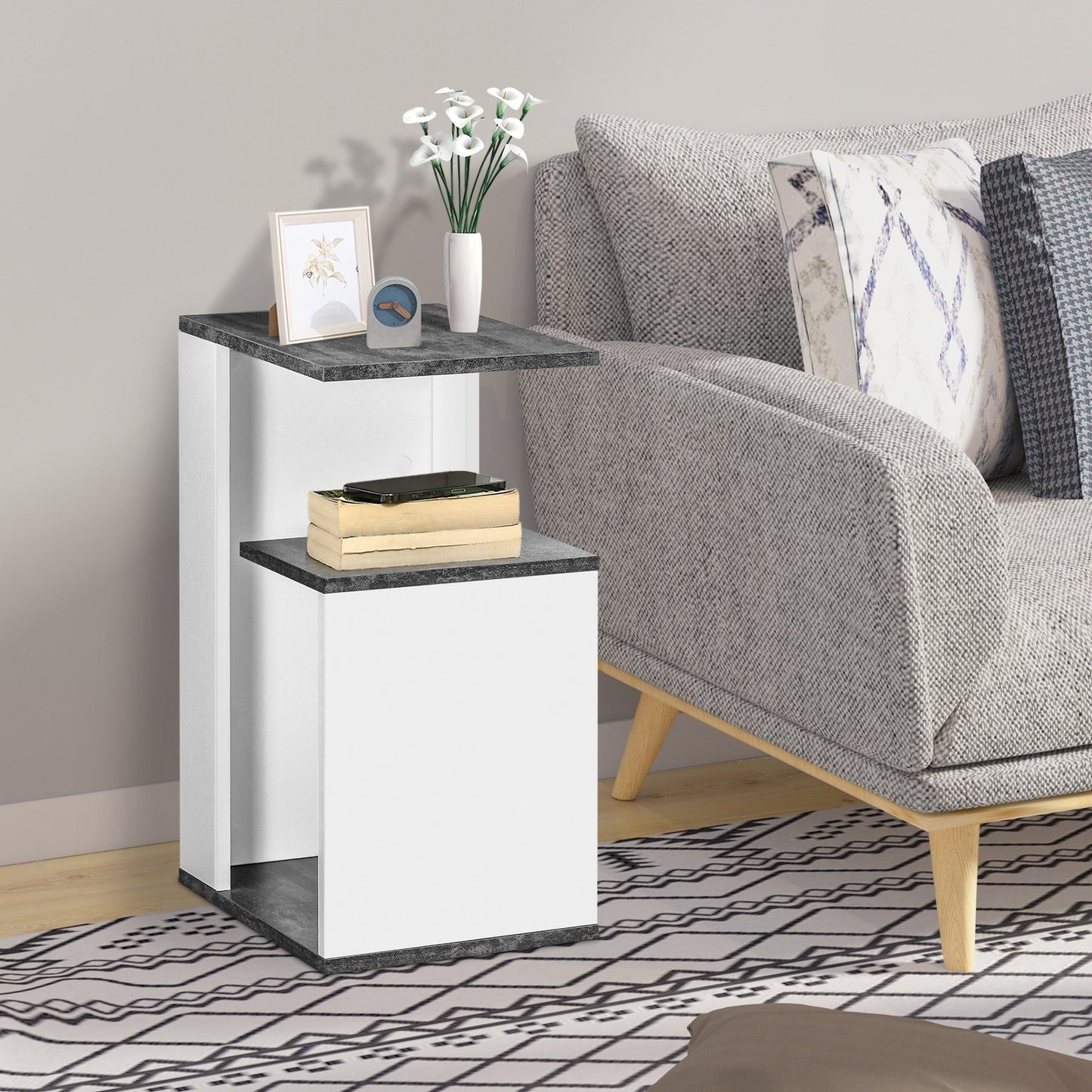 NEW Design Chipboard Open Shelf Nightstand, 35x29.5x60 cm, Grey and White