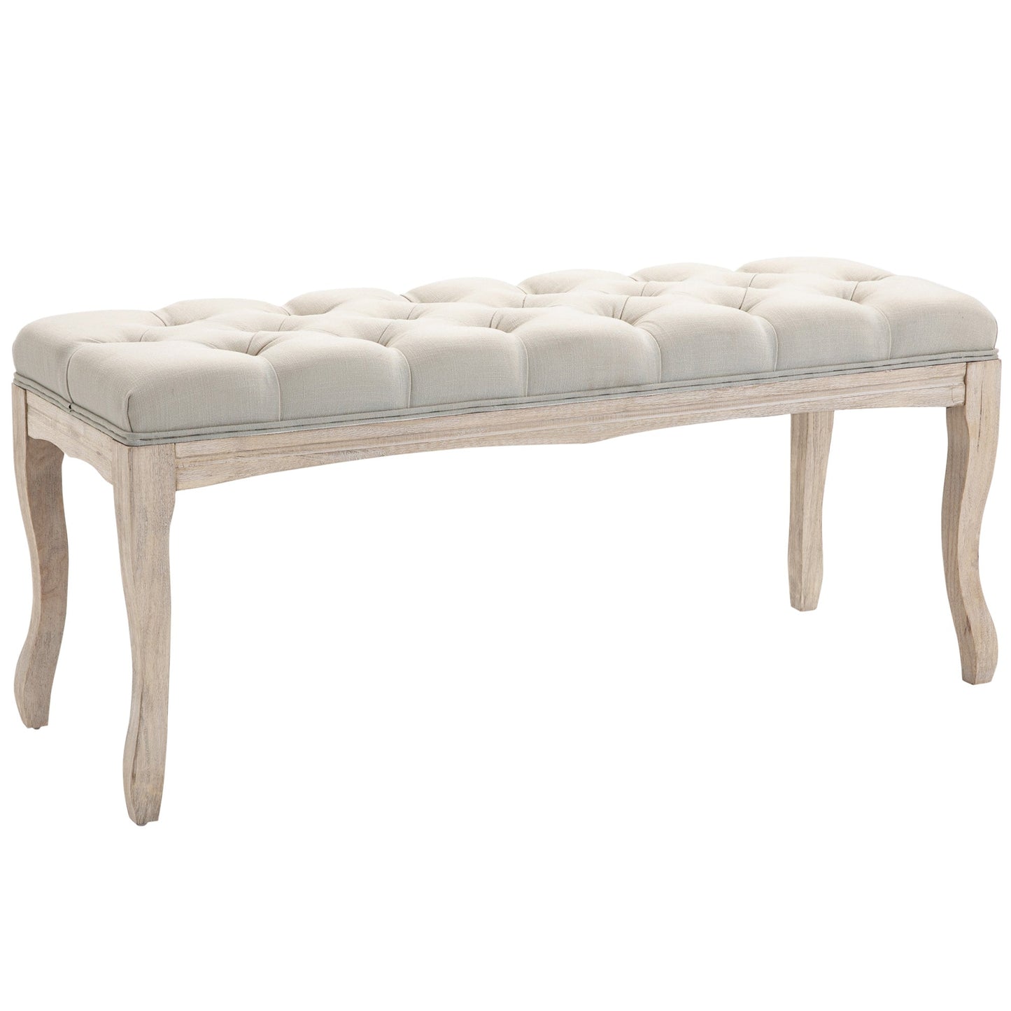 Vintage Bedside Bench with Upholstered Fabric Seat and Wooden Legs, 110x40x48cm, Beige