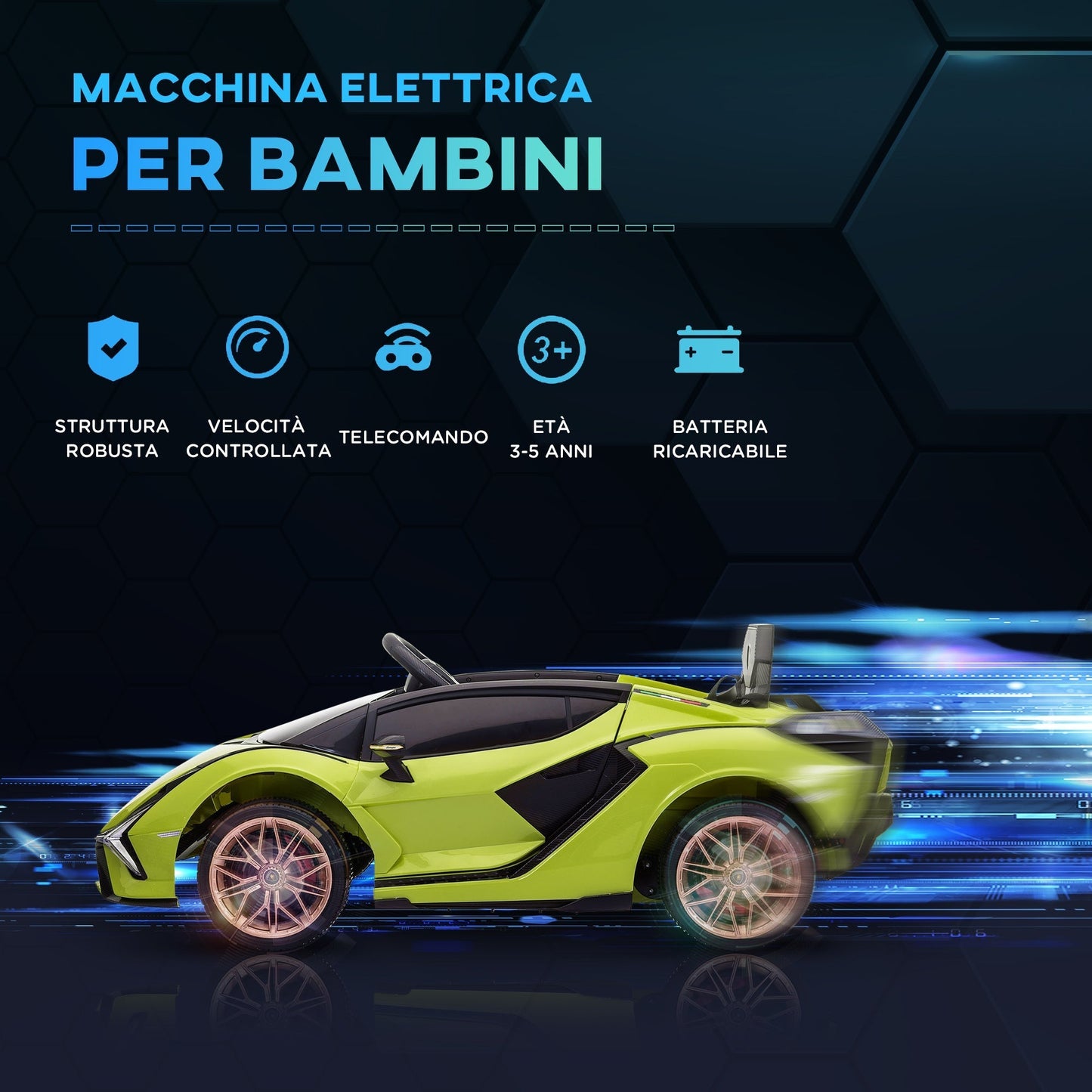 Lamborghini Electric Ride-On Toy Car for Kids, 12V with Headlights and Music, Remote Control and Speed 3-5km/h, Ages 3-5 Years, 108x62x40cm, Green