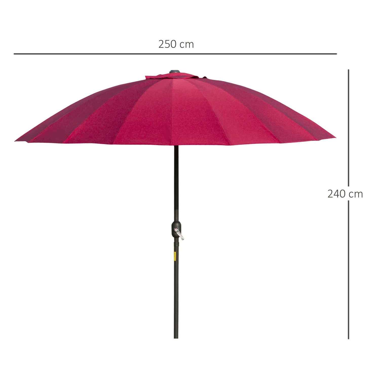 18-Ribbed Folding Round Umbrella with Crank Handle, Metal and Polyester, Ø250x240 cm, Wine Red