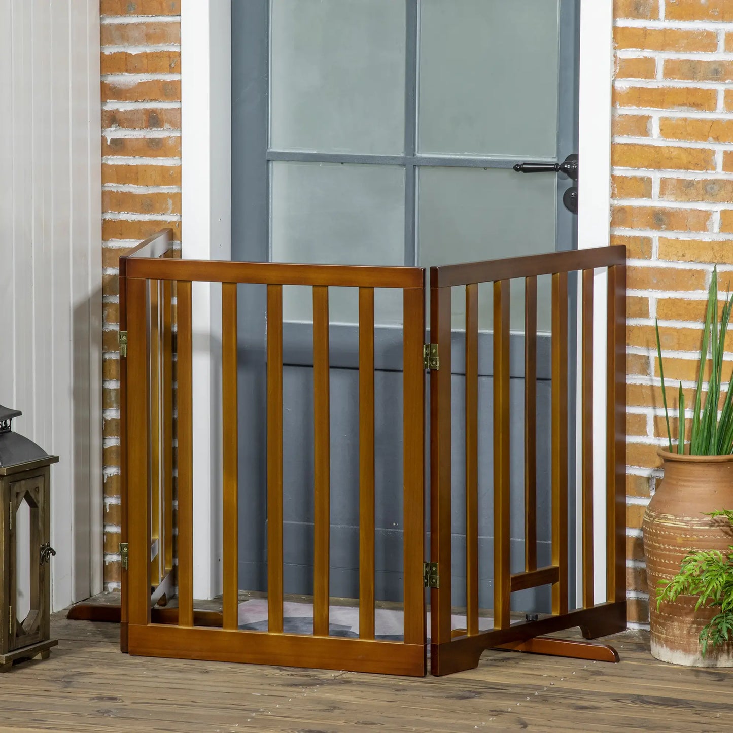 3 Panel Folding Dog Gate with Non-Slip Feet for Hallways, Stairs and Rooms, Pine Wood, 181x35x76 cm, Dark Brown