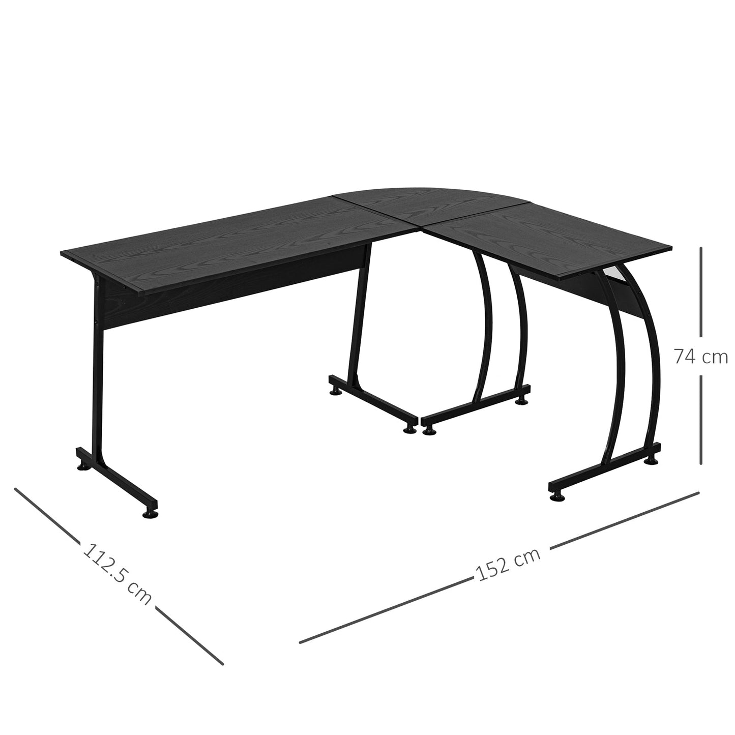 Desk Wooden and Metal Corner, Black, 112.5 x 152 x 74cm