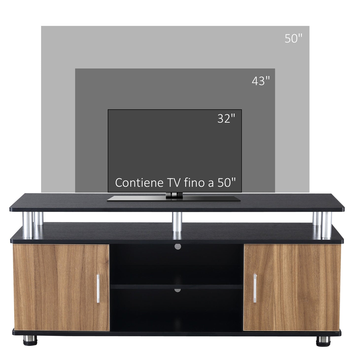 TV Stand Up to 55" with Cabinets and Shelves in Wood and Aluminum, 120x40x52.2cm