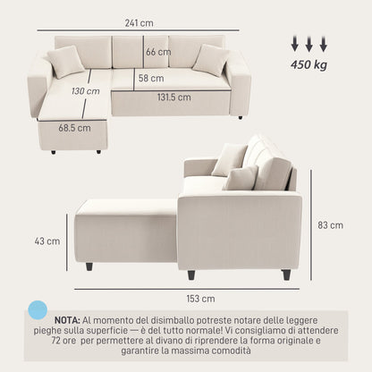 3 Seater Sofa with Peninsula in Velvet Effect Fabric, Foam and Nylon, 241x153x83 cm, Cream White