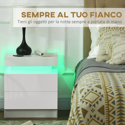 Bedside Table with Built-in RGB LED Light with 2 Drawers, 4 Light Modes and 16 Colors, Chipboard, 45x35x52cm, White