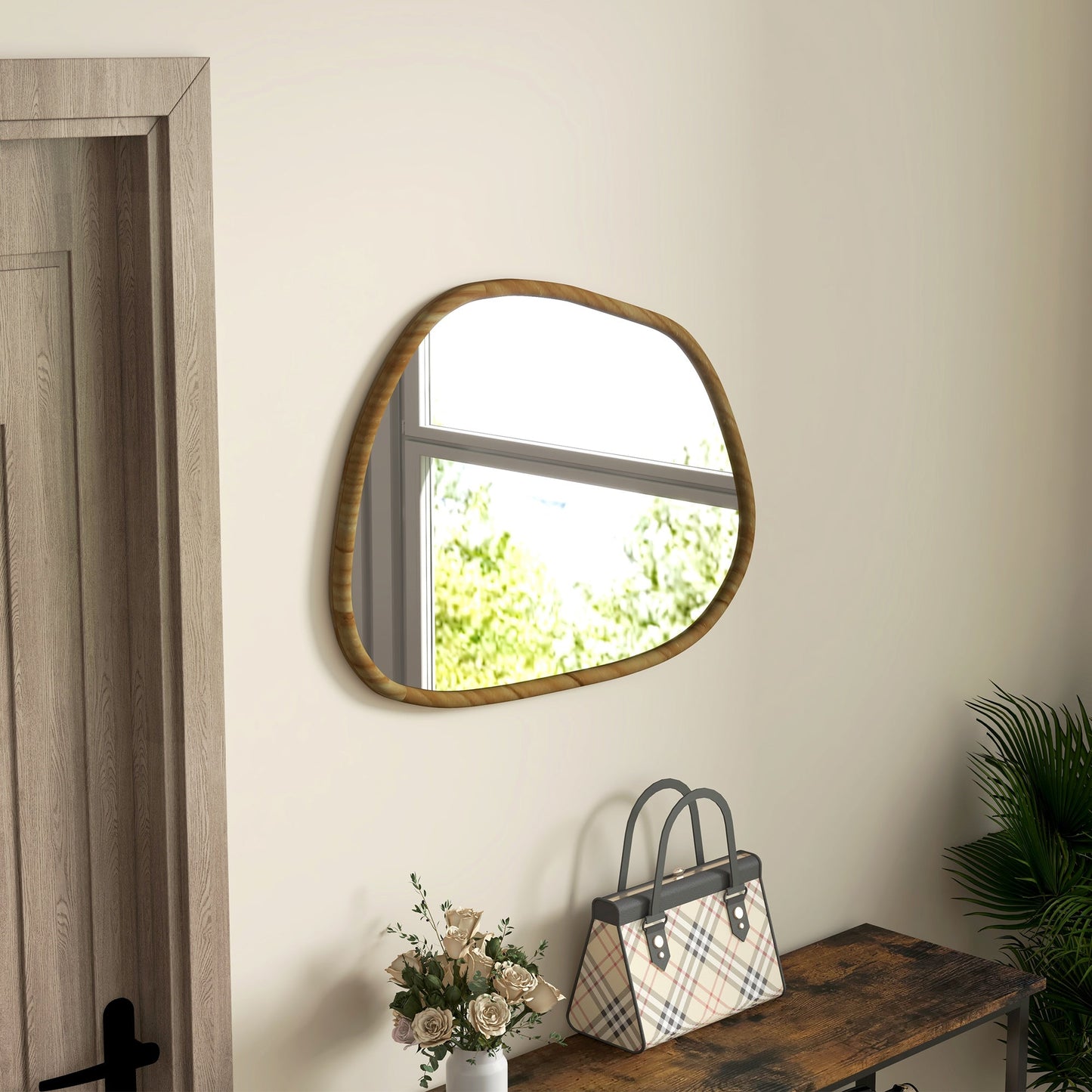 Modern Wall Mirror with Irregular Edges and Wooden Frame for Bedroom and Entrance, 80x60 cm