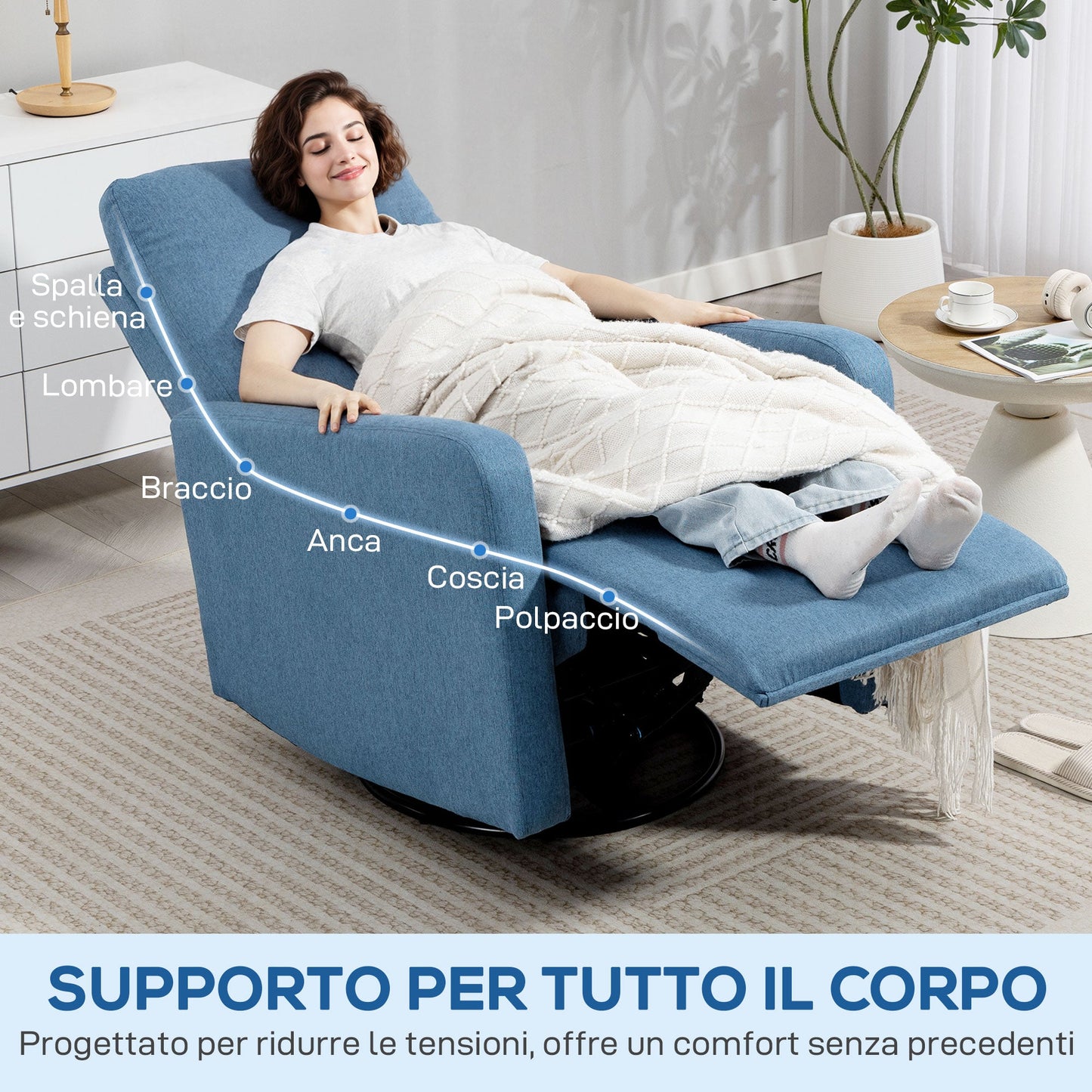 135° Manual Reclining Relaxing Chair, 360° Swivel with Rocking Function, Blue