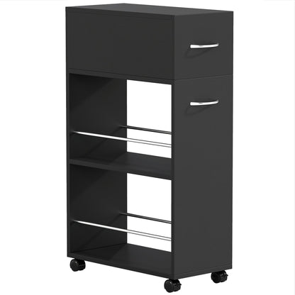 Kitchen Cart with 2 Open Shelves, Drawer and Rails, Wood and Stainless Steel, 25x50x85 cm, Black