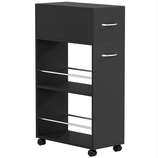 Kitchen Cart with 2 Open Shelves, Drawer and Rails, Wood and Stainless Steel, 25x50x85 cm, Black