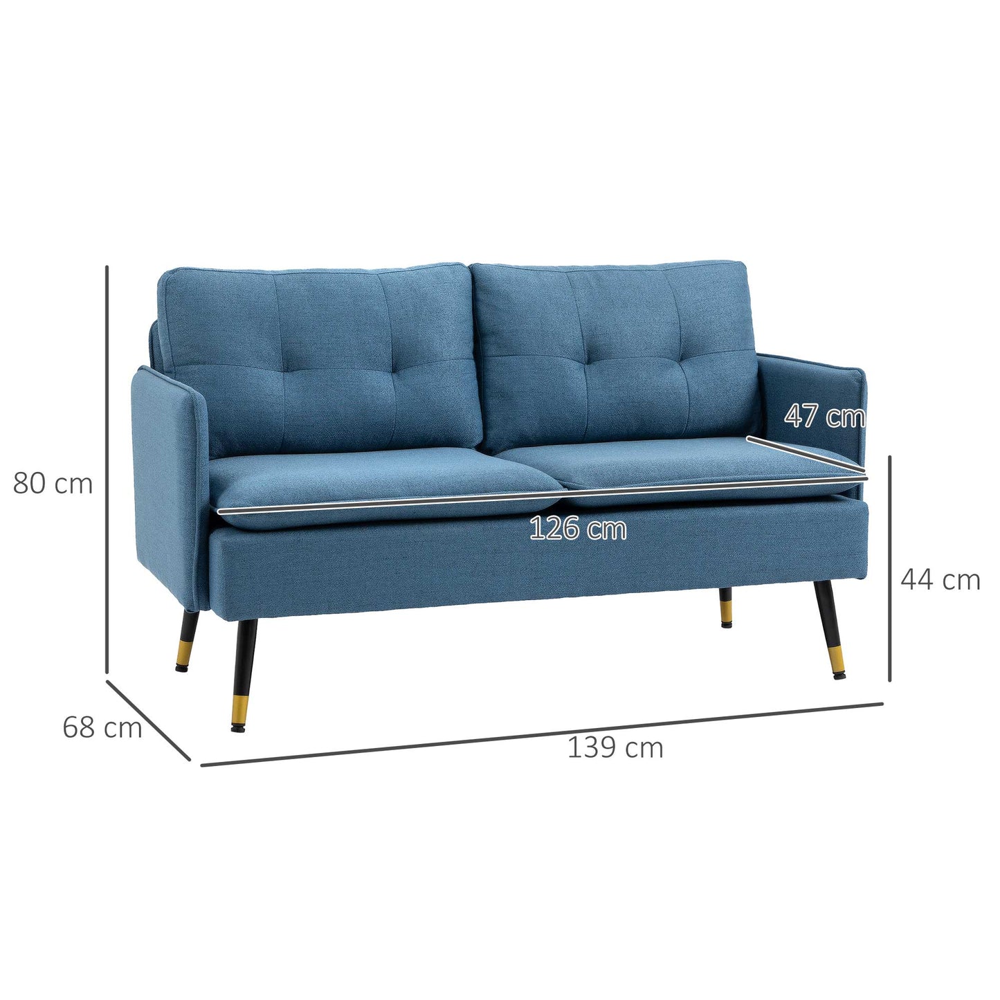 2 Seater Fabric Sofa with Padded Cushions and Steel Legs 139x68x80cm, Dark Blue