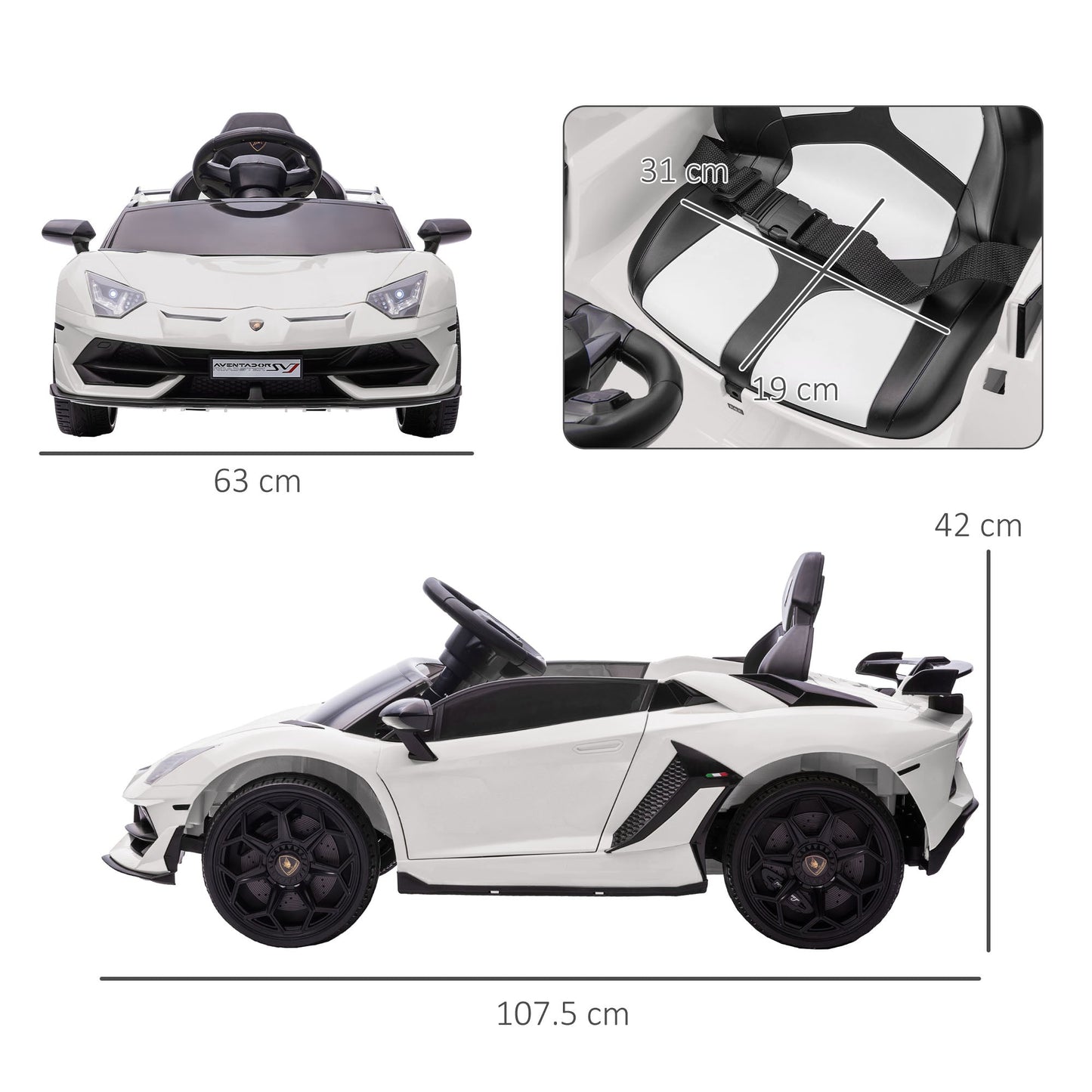 12V Electric Ride-On Toy Car for Kids with Lamborghini License, Horn and Remote Control, 107.5x63x42 cm, White