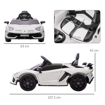12V Electric Ride-On Toy Car for Kids with Lamborghini License, Horn and Remote Control, 107.5x63x42 cm, White
