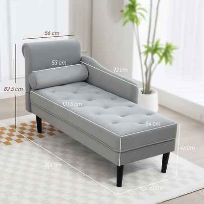 Chaise Longue with Quilted Velvet Effect Covering in Grey, Solid Wood and Sponge, 146x61x82.5 cm