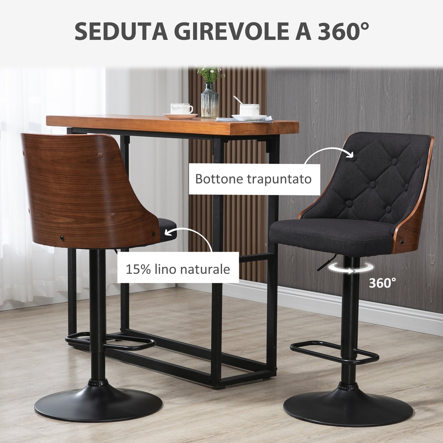VENERA | Set of 2 Swivel Bar Stools with Adjustable Height for Kitchen and Living Room, 47.5x50x93.5-116 cm, Black and Walnut