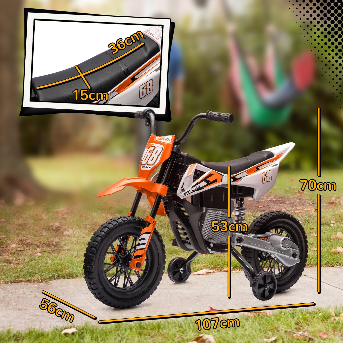 Electric Motorcycle for Kids with Removable Training Wheels, Suspension, Sounds and Charge Indicator, Orange