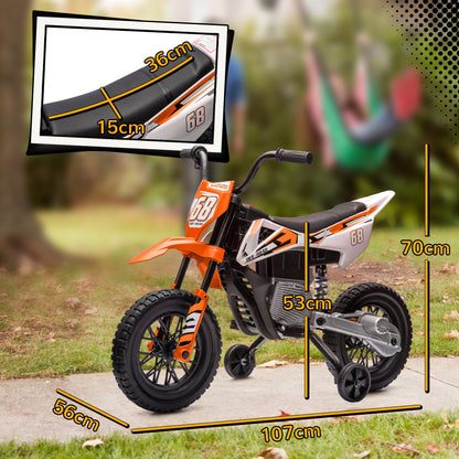 Electric Motorcycle for Kids with Removable Training Wheels, Suspension, Sounds and Charge Indicator, Orange