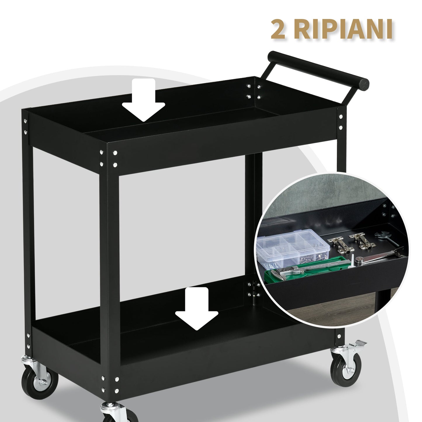 Black Garage Tool Trolley with 2 steel shelves | 84.5x38x84cm