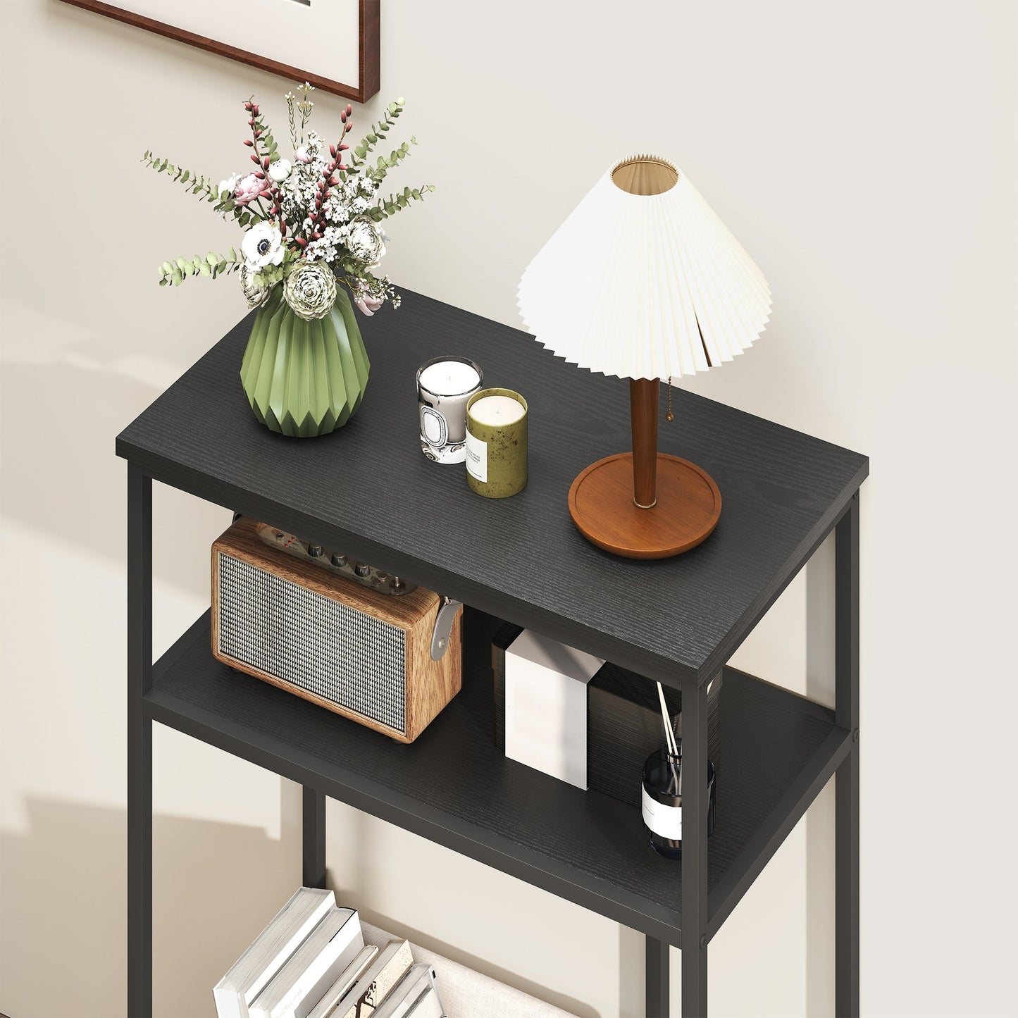 3-Tier Console Table with Metal and Wood Frame, 55x30x81 cm, Black