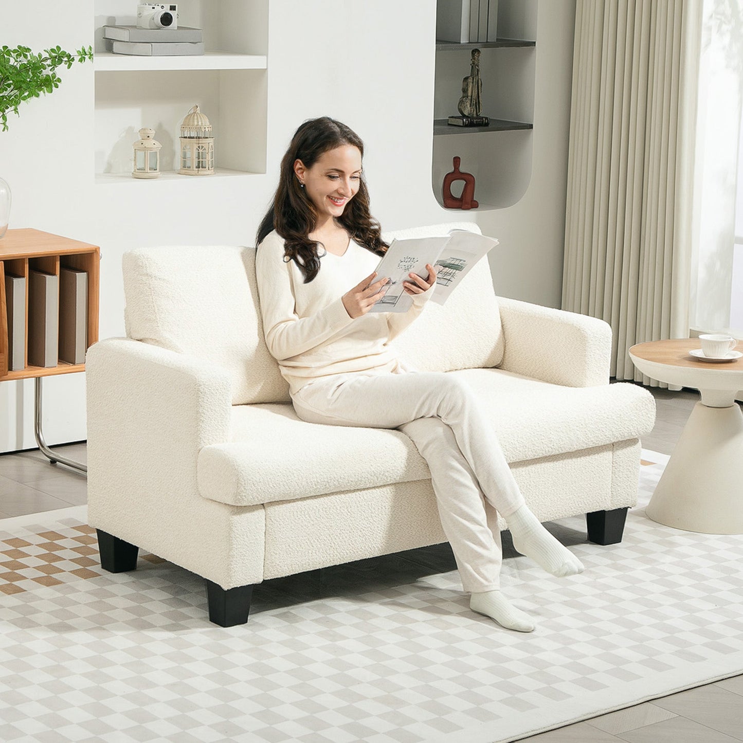 2 Seater Modern Chenille Sofa with Removable and Washable Cushions, 138x70x80 cm, Cream White