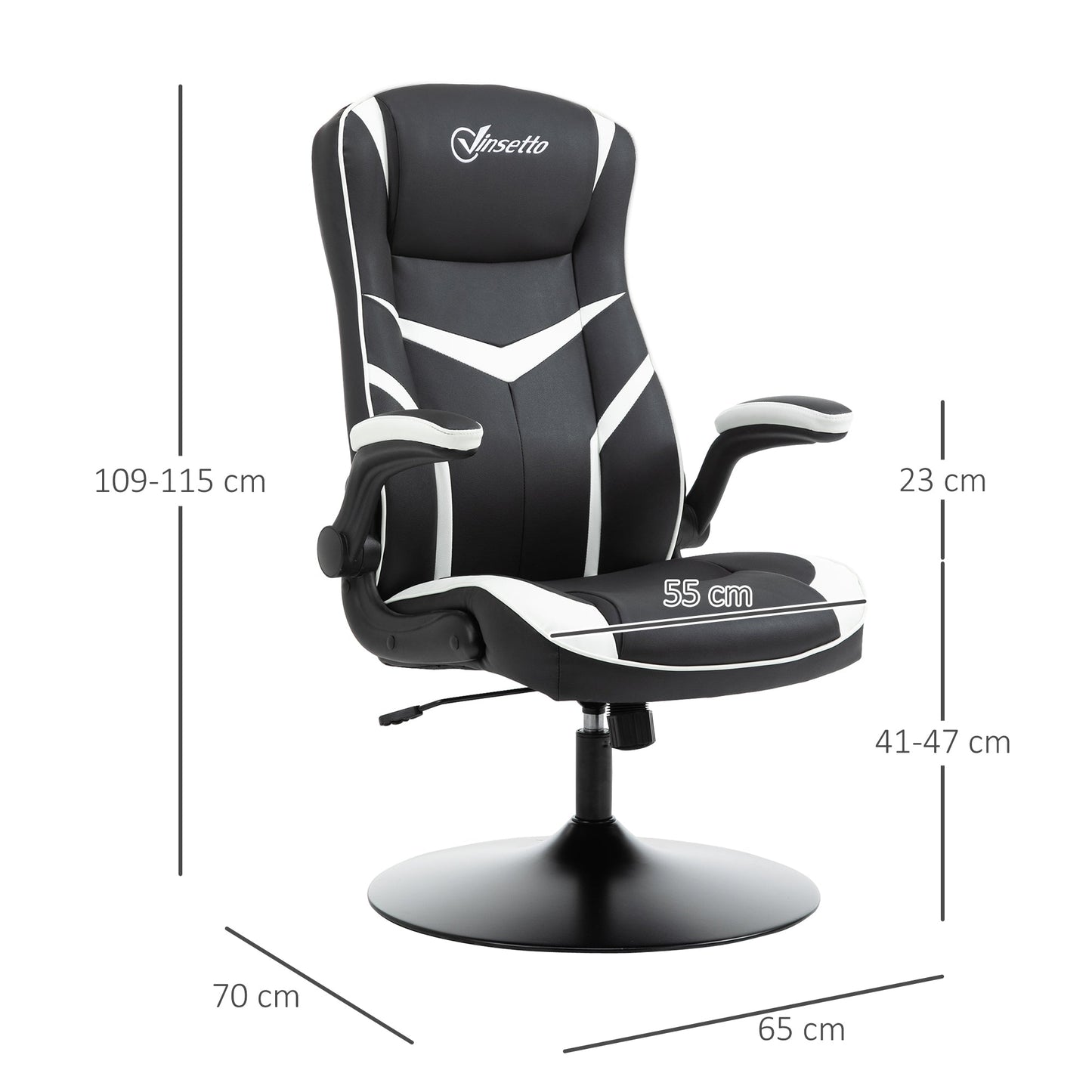 Ergonomic Office Gaming Chair, Adjustable Height, Fixed Base, Folding Armrests, Black and White