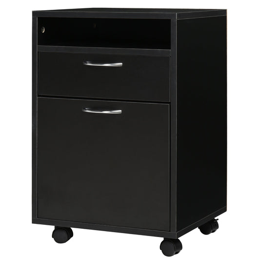 Office Filing Cabinet with Drawer, Lockable Storage Cabinet, Lockable Casters and Open Shelf, Office Drawer Unit for Letter/Legal/A4 Format, Vertical Storage Cabinet for Study, 40x35x60 cm, Black