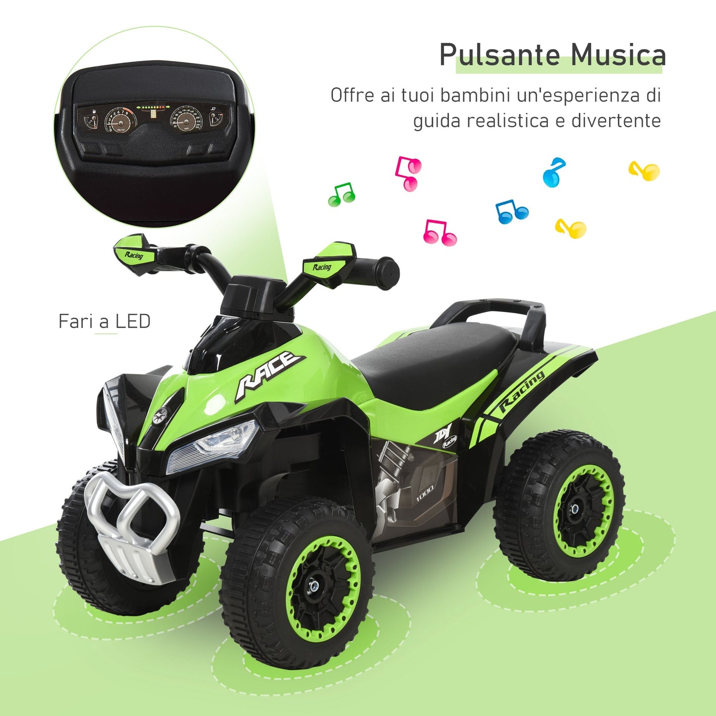 Quad for Children 18-36 Months Manual Push with Integrated Sounds, in PP and Metal, 44x67. 5x38 cm, Green