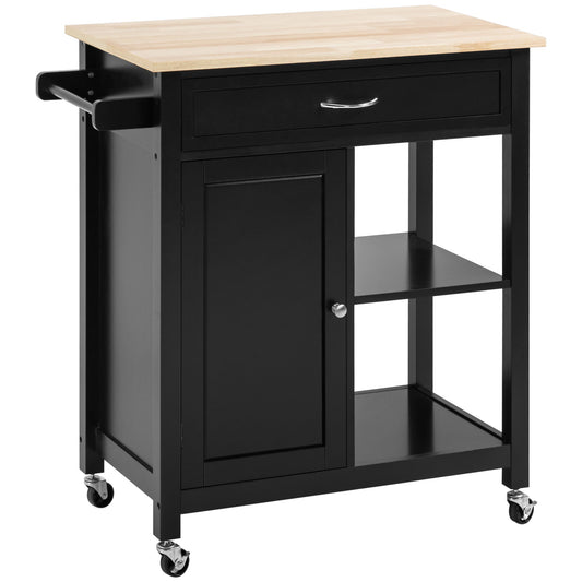 Wooden Kitchen Cart with Drawer, Cabinet and Wheels, 83x45x88cm, Black