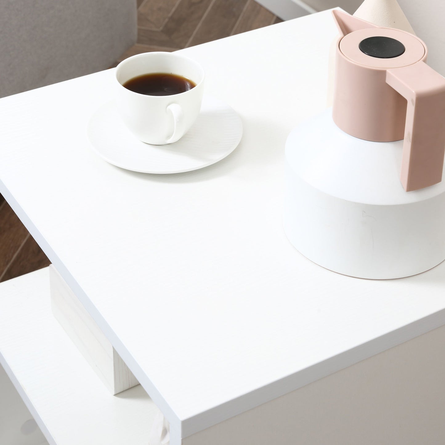 Coffee Table, White Coffee Table, Modern Design, Large Surface, Two Shelves, S-Shaped, Made of Wood and Iron, 50 x 50 x 50cm, White