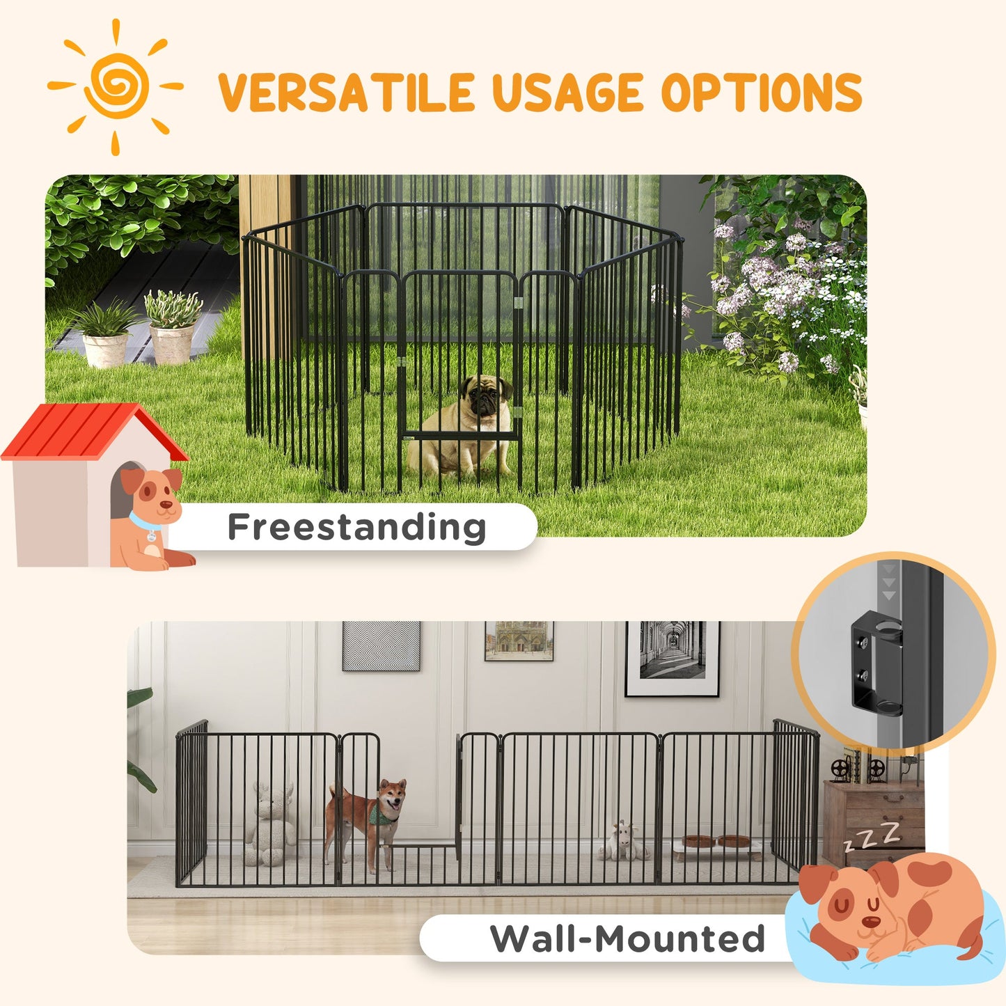 6 Panel Modular Indoor and Outdoor Dog Playpen, Steel, 164x83x80 cm, Black