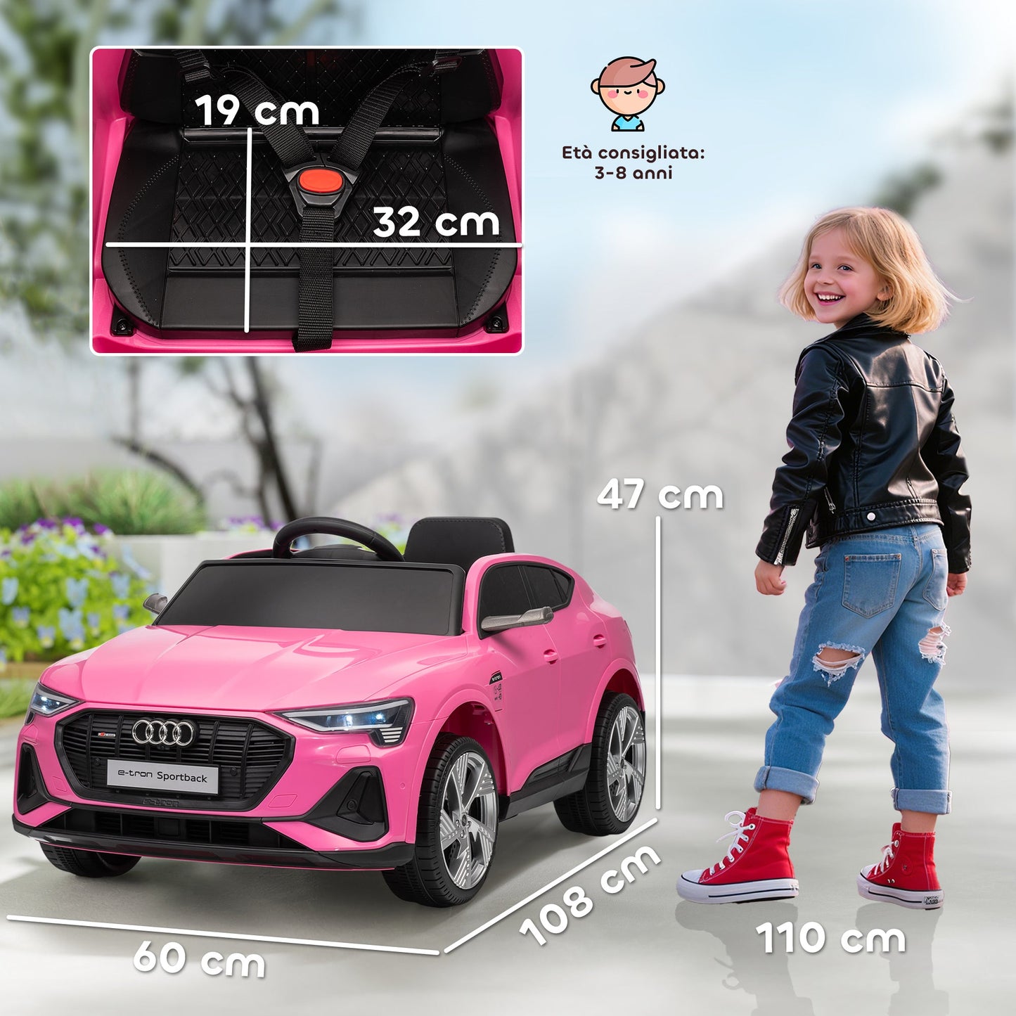 12V Electric Ride-On Toy Car with Remote Control, 3-8km/h Speed, Lights and Music, Ages 3-5 Years, Pink