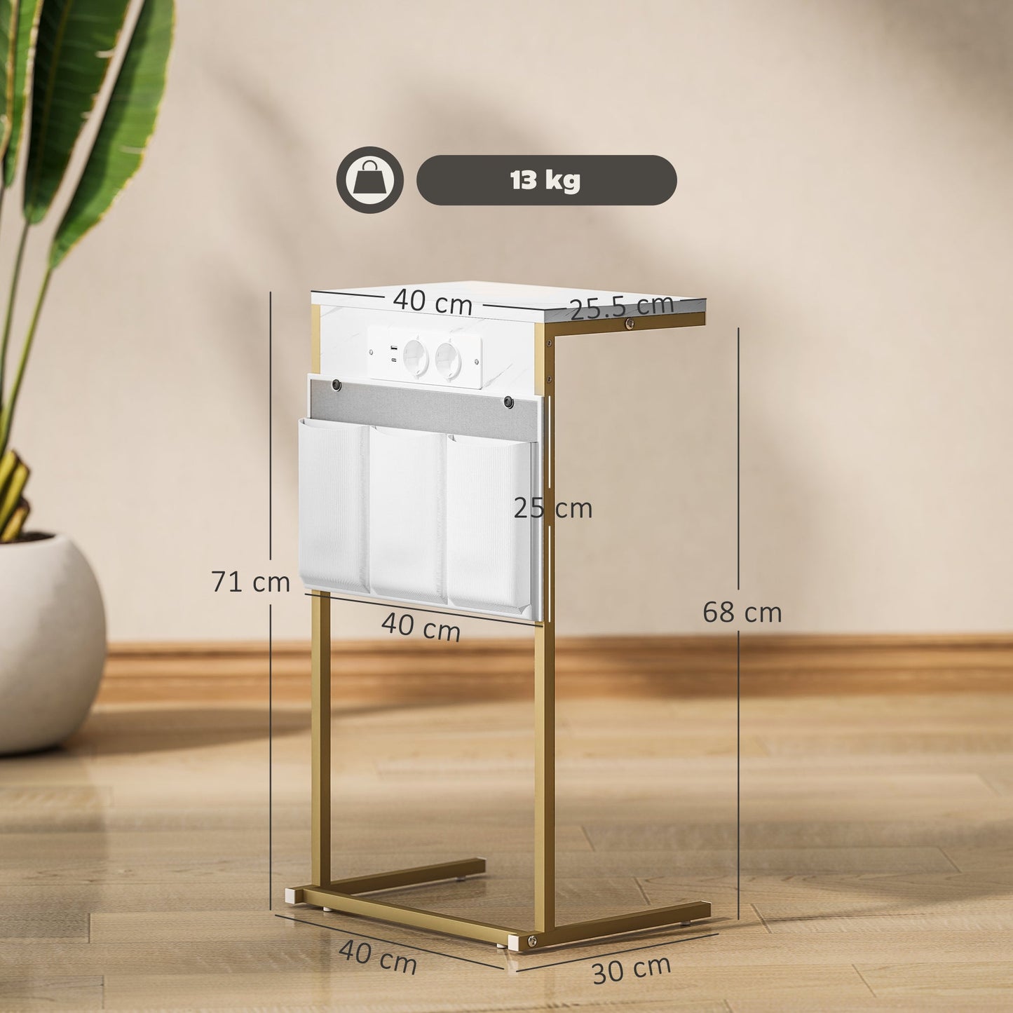 C-Shaped Coffee Table with Built-in Power Sockets and USB, Marble Effect, White